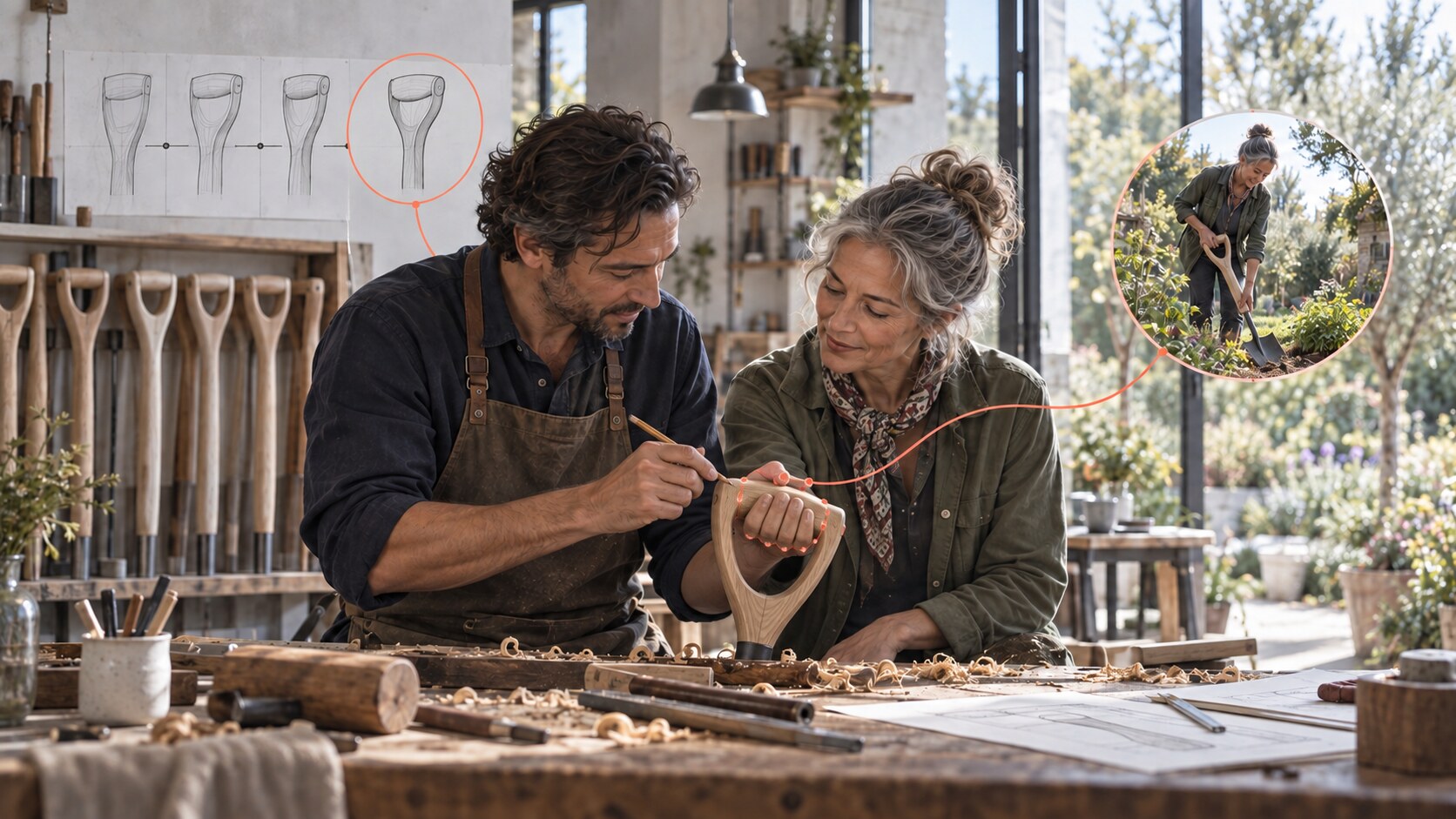 A gardener tests a custom wooden tool handle while a craftsman marks pressure points, with standardized handles behind them and a coral line leading to comfortable use in the garden.