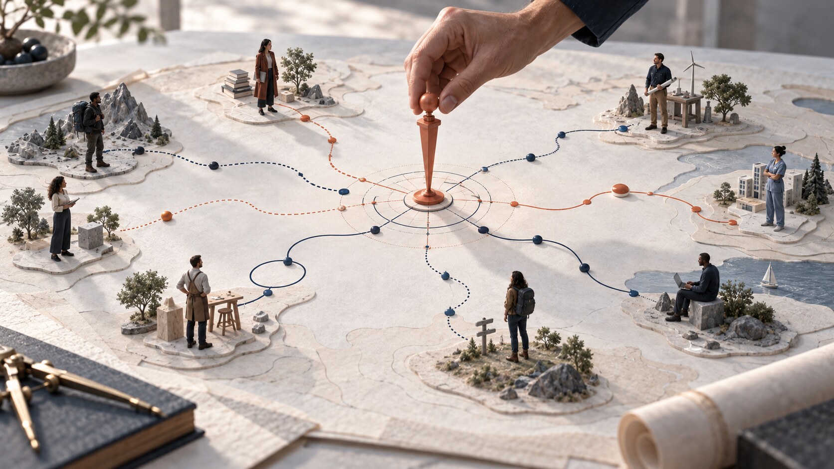 A hand places a coral standard at the center of a map, with distinct paths connecting different people to the same high bar.