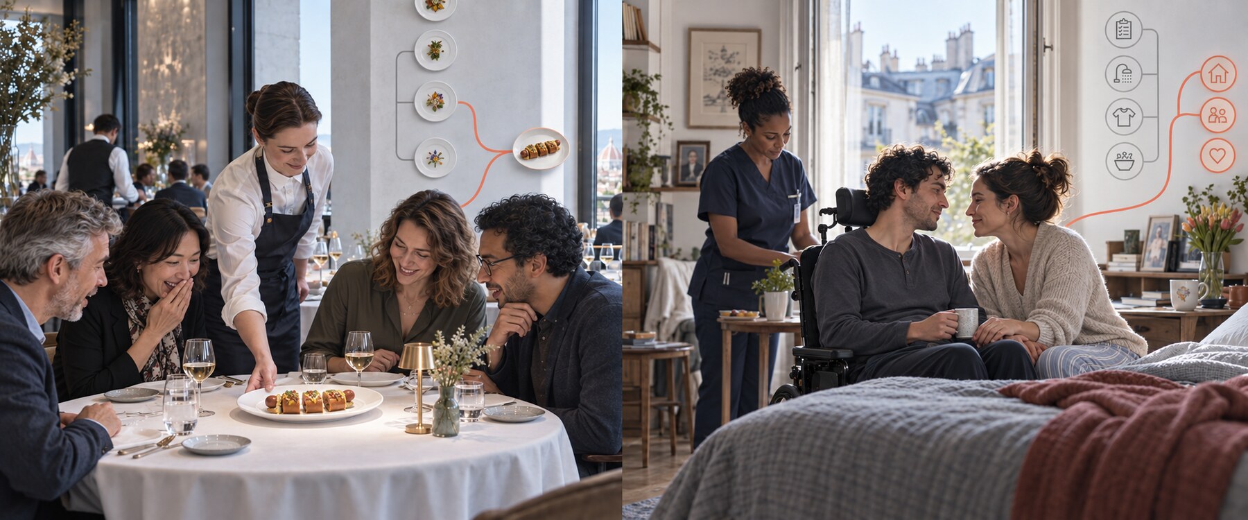 In one scene a server departs from a tasting menu to present four guests with a carefully plated hot dog; in another a nurse adapts care so a couple can share an ordinary morning as partners.