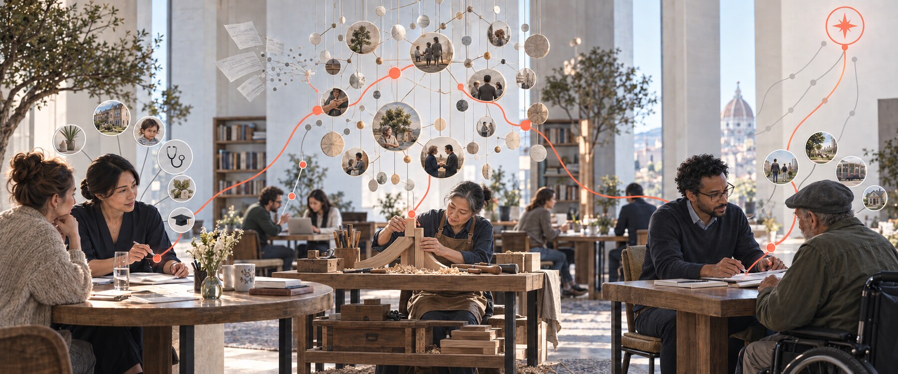 Different workers and people gather around a shared constellation of accumulated understanding while a craftsperson shapes a wooden joint at its center.